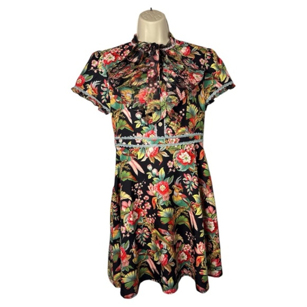 Dalia Macphee Pink and Red Puff Sleeve Mini Dress with Mandarin Collar M